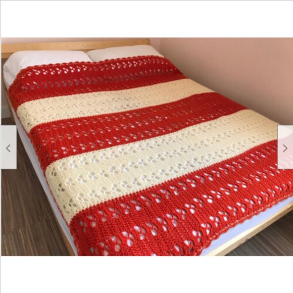 Ivory & Orange Hand Crochet Afghan Throw Blanket Open Fan Stitch 64x72" - Picture 5 of 5